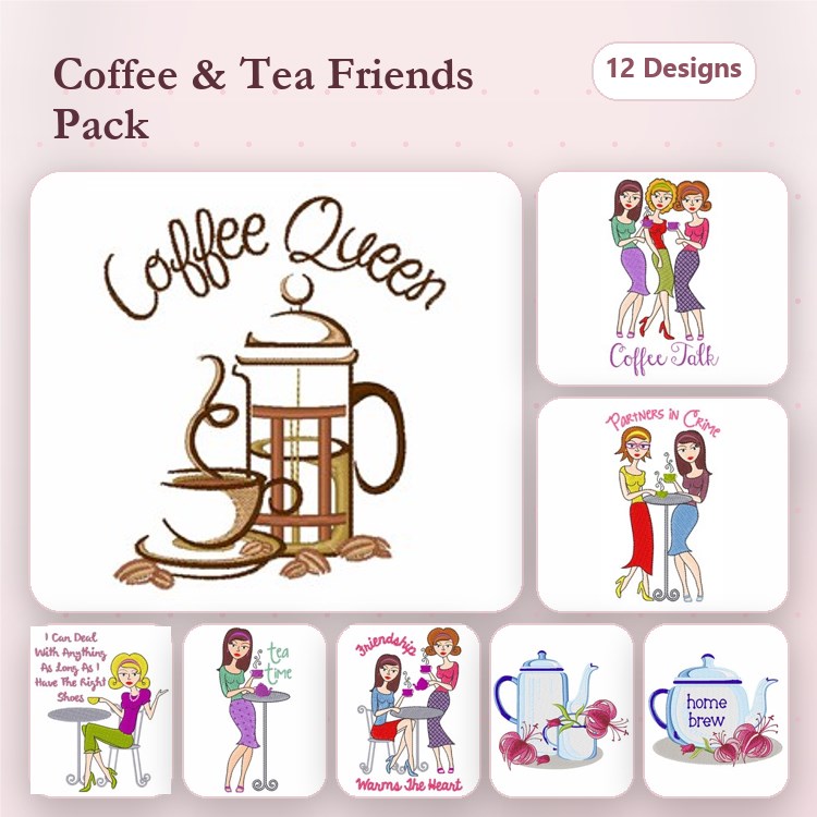 Coffee & Tea Inspired Embroidery Designs Bundle – Coffee Queen, Coffee Girls, Tea Lovers & More (12 Designs)