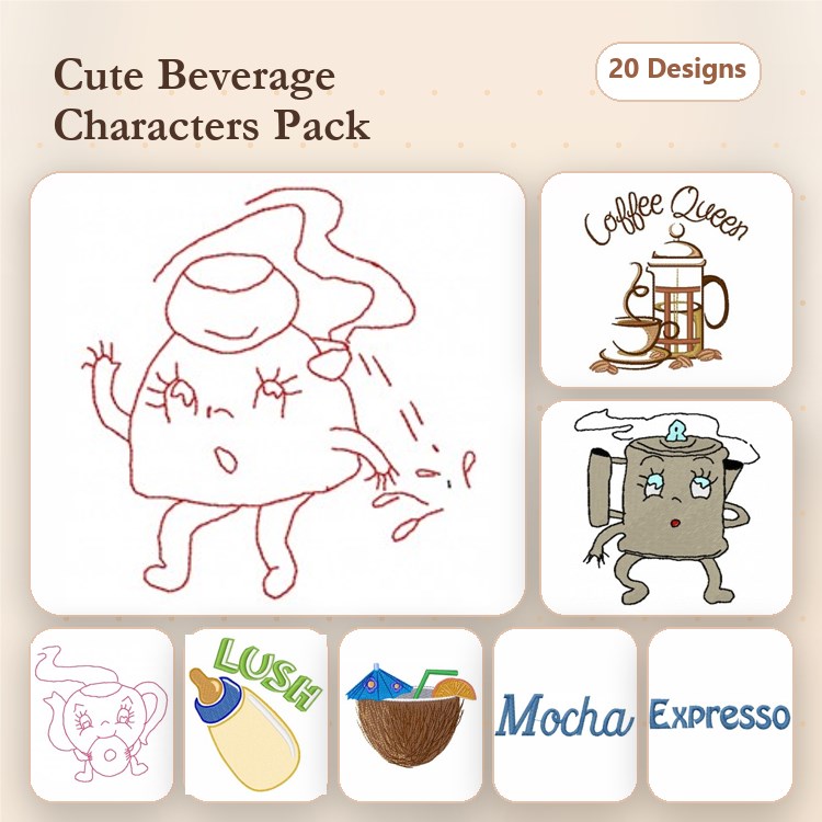 Redwork Beverage Characters Embroidery Designs Bundle – Coffee Queen, Coffee Pot Character & More (20 Designs)