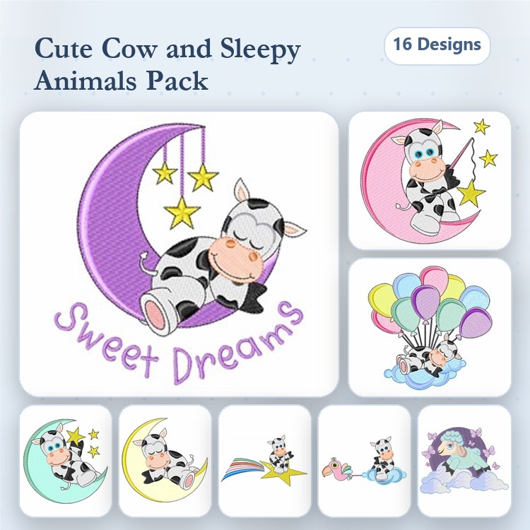 Cute Cows & Sleepy Animals Embroidery Bundle – Sleeping on Moon, Resting with Stars, Cow with Balloons & More (16 Designs)