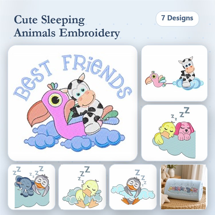 Sleeping Animals Embroidery Bundle – Best Friends Theme (7 Designs)