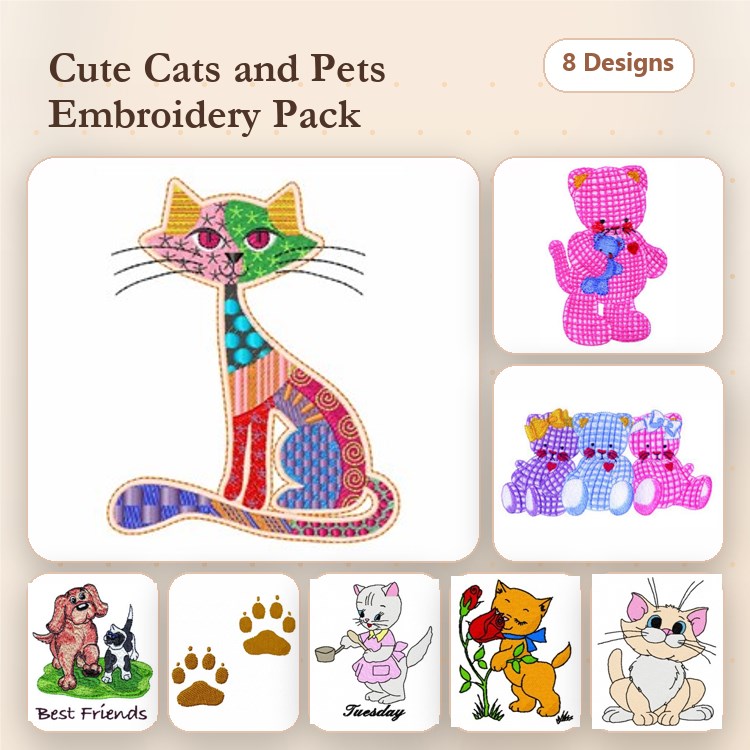 Cat Embroidery Bundle – Colorful and Playful Cats (8 Designs)