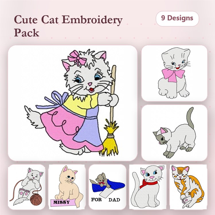 Cute Cat Embroidery Bundle – Dressed Cat with Broom, Kitten with Bow, Missy Cat & More (9 Designs)
