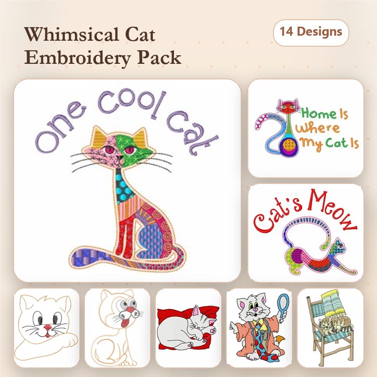 Cool Cat Embroidery Designs Bundle – Home Is Where My Cat Is, Cat's Meow, Kitten Face & More (14 Designs)