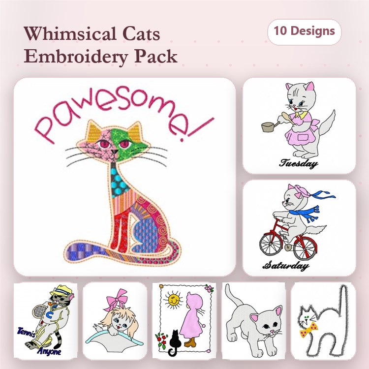 Cats Embroidery Designs Bundle – Colorful Cat with Flower Hat, Bicycling Cat, Cat with Sun & More (10 Designs)