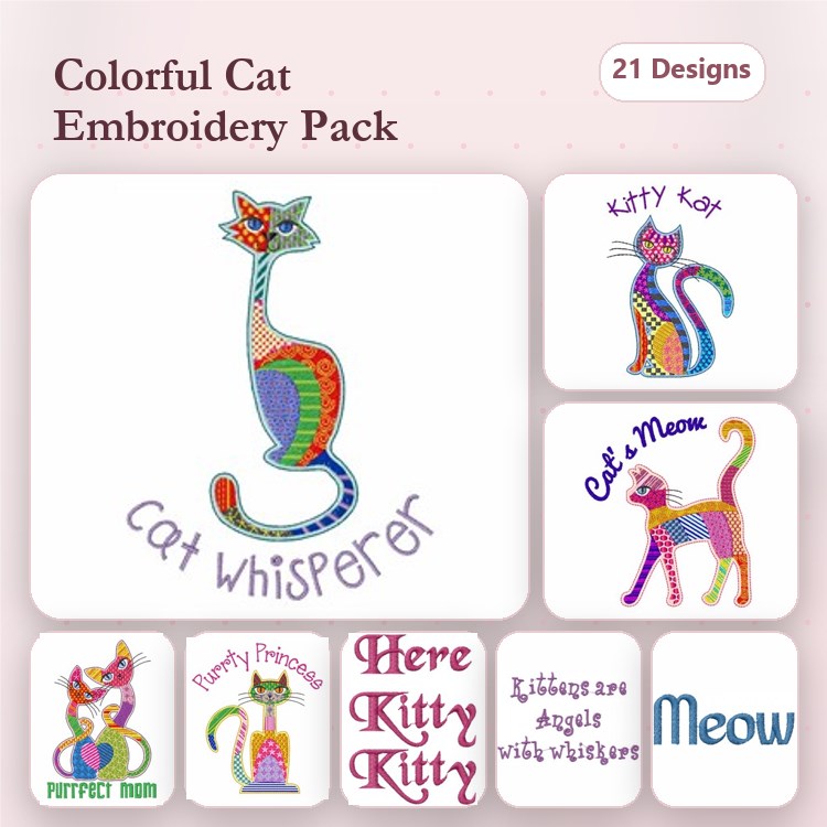 Colorful Cat Embroidery Bundle – Fun Designs (21 Designs)