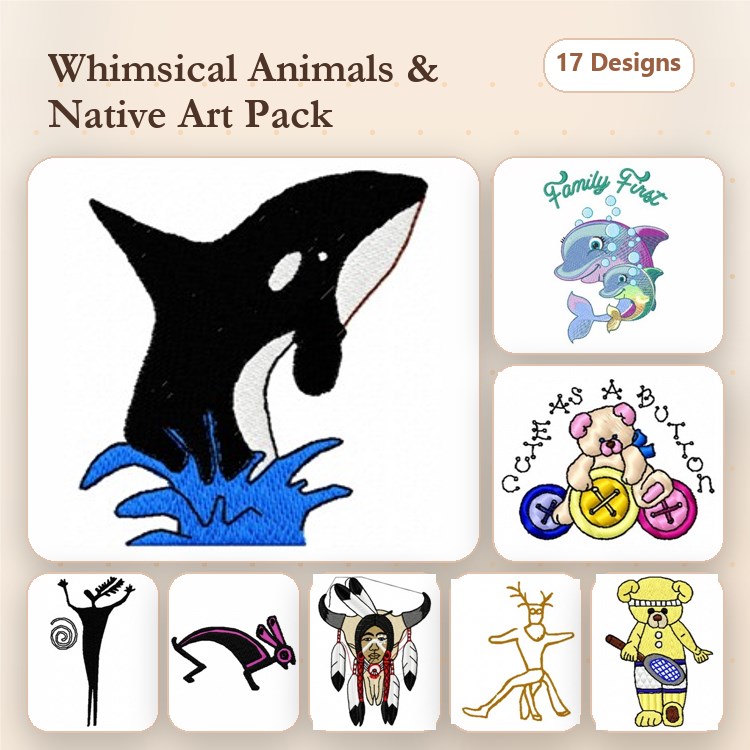 Whimsical Animals & Native Art Embroidery Designs Bundle – Orca Whale, Dolphin, Howling Wolf & More (17 Designs)