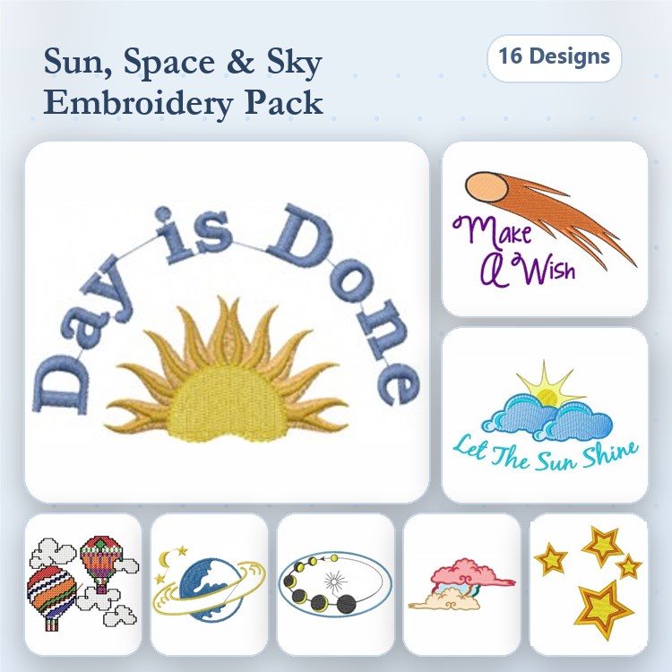 Sun & Celestial Embroidery Bundle – Sun with Rays, Shooting Star, Cloud with Sun & More (16 Designs)