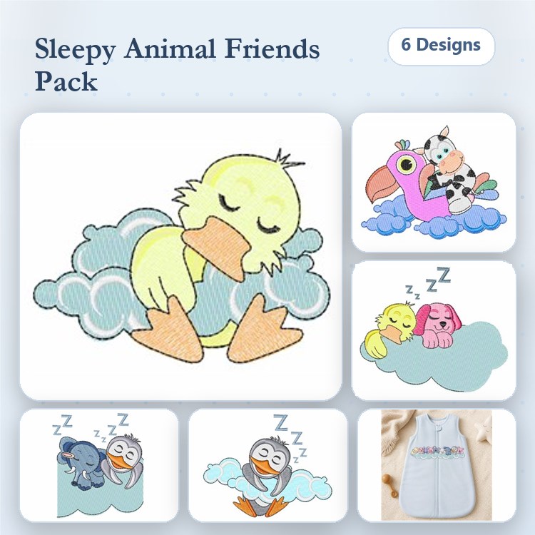 Sleeping Animal Embroidery Bundle – Cute Characters (6 Designs)