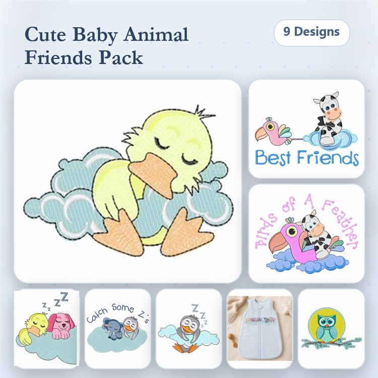 Sleeping Animals Embroidery Bundle – Bird, Puppy, Elephant & More (9 Designs)