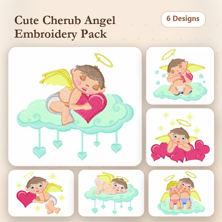 Cherub Angels Embroidery Bundle – Cherub Angel Sleeping with Heart, Cherub Angel Holding Heart, Two Cherub Angels with Hearts & More (6 Designs)