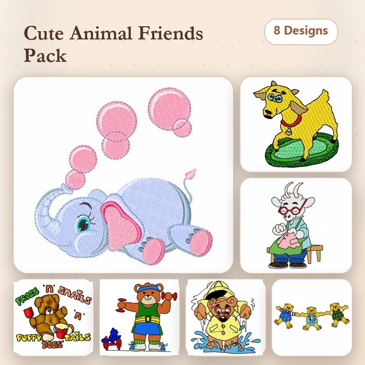 Cute Animal Characters Embroidery Designs Bundle – Elephant with Bubbles, Goat on Green Base, Bear with Flowers & More (8 Designs)