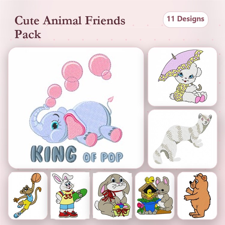 Cute Animal Characters Embroidery Designs Bundle – Elephant with Bubbles, Mouse with Umbrella, Dog Playing Basketball & More (11 Designs)