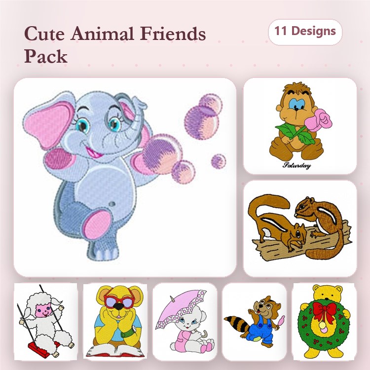 Cute Animal Characters Embroidery Bundle – Elephant with Bubbles, Squirrel with Flower, Bear with Umbrella & More (11 Designs)