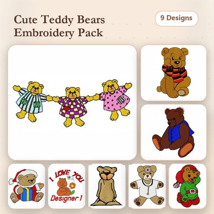 Cute Teddy Bears Embroidery Bundle – Hanging Teddy Bears, Teddy Bear with Gift, Teddy Bear with Heart & More (9 Designs)