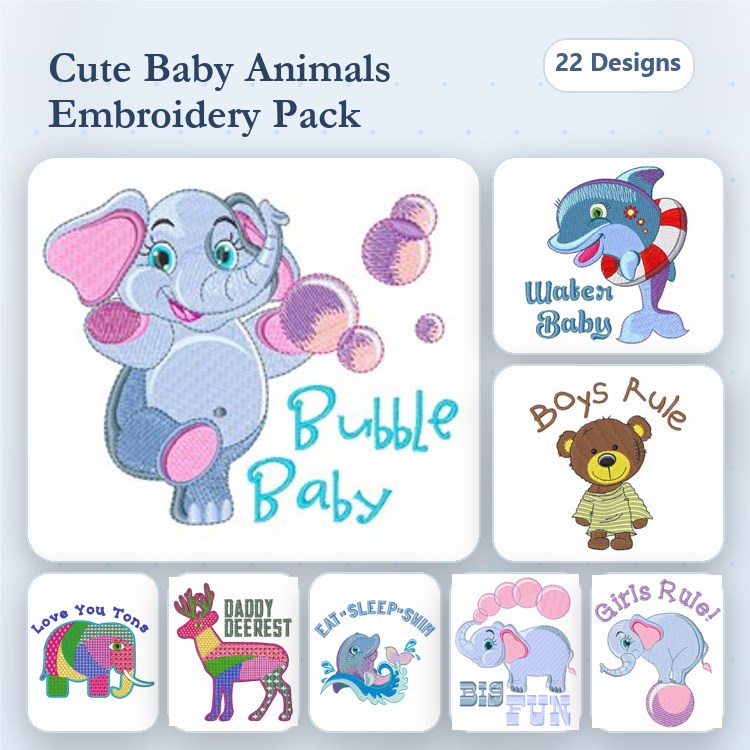 Cute Baby Animals Embroidery Designs Bundle – Elephant with Bubbles, Dolphin with Ring, Bear with Boys Rule & More (22 Designs)