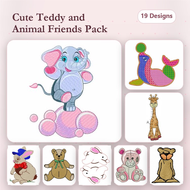 Cute Teddy & Animal Friends Embroidery Designs Bundle – Elephant with Bubbles, Seal with Colorful Tail, Giraffe & More (19 Designs)