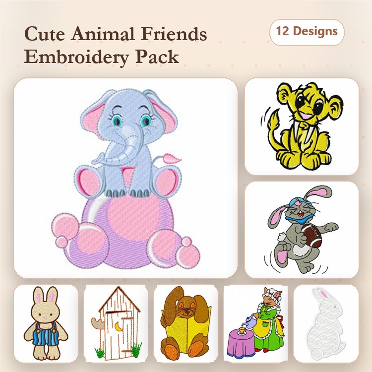 Cute Animal Characters Embroidery Designs Bundle – Elephant with Bird, Lion Cub, Bunny with Egg & More (12 Designs)