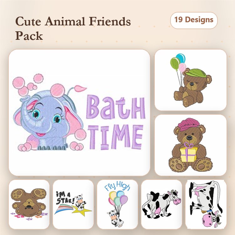 Cute Animal Characters Embroidery Bundle – Elephant with Bubbles, Teddy Bear with Balloons, Cow with Text & More (19 Designs)