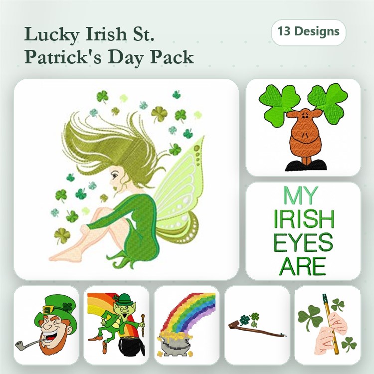 Fairy & Leprechaun St. Patrick's Day Embroidery Designs Bundle – Shamrocks, Rainbow, Irish Kiss & More (13 Designs)