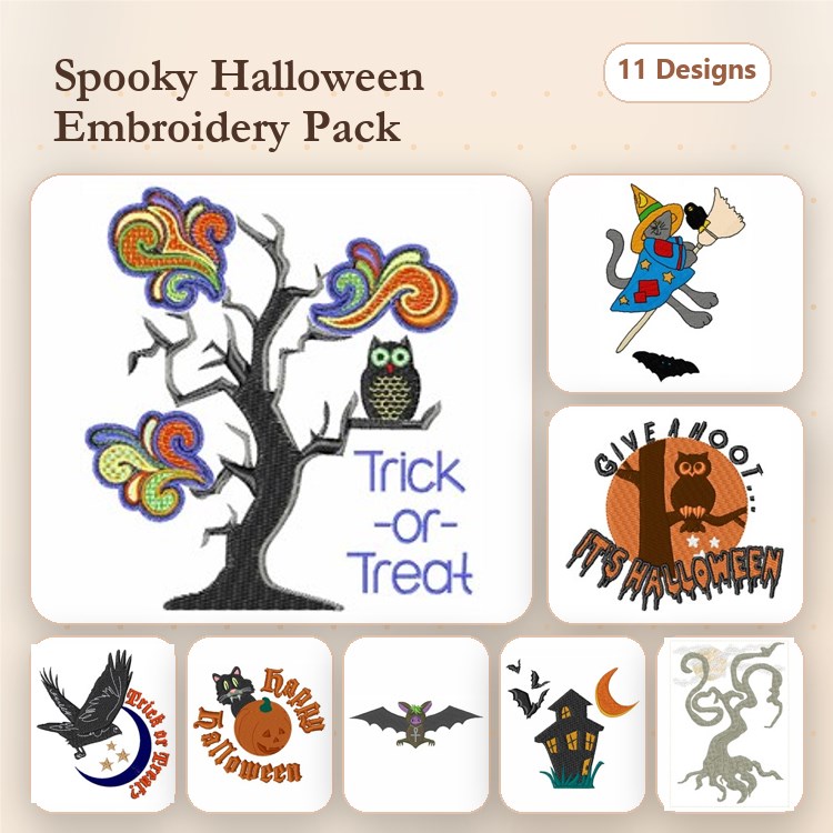Halloween-themed Embroidery Designs Bundle – Halloween Tree, Haunted House, Black Cat, Pumpkin & More (11 Designs)