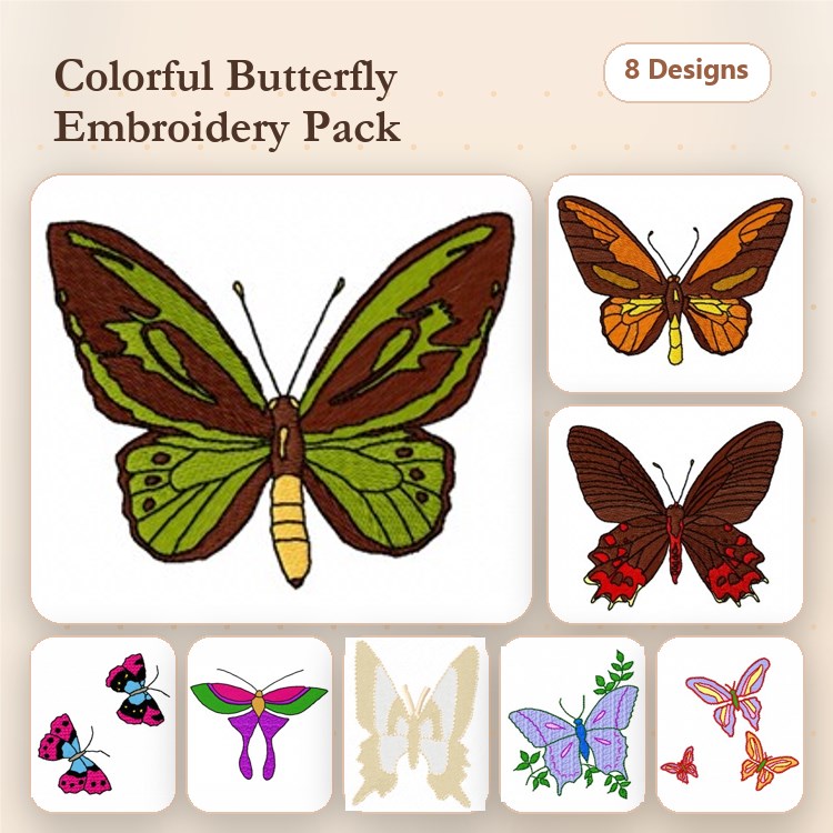 Colorful Butterflies Embroidery Designs Bundle – Monarch, Red, Green and Yellow & More (8 Designs)