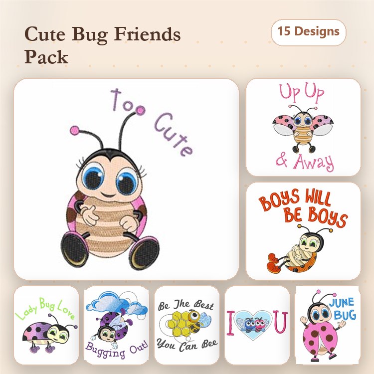 Cute Insect Embroidery Designs Bundle – Too Cute Bug, Lady Bug, June Bug & More (15 Designs)