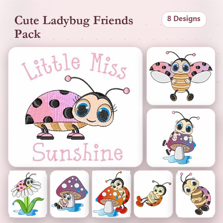 Ladybug & Garden Elements Embroidery Designs Bundle – Little Miss Sunshine Ladybug, Ladybug on a Flower, & More (8 Designs)