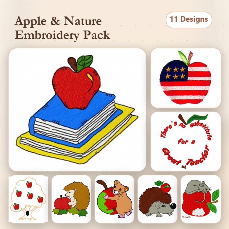Apple and Nature Embroidery Designs Bundle – Red Apple on Book, Hedgehog with Apple, Bear with Apple & More (11 Designs)