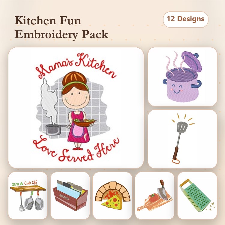 Kitchen Utensils Embroidery Designs Bundle – Mama's Kitchen, Cooking Pot, Chef with Spoon & More (12 Designs)