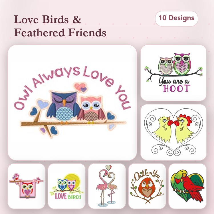 Love Birds & Feathered Friends Embroidery Designs Bundle – Owl Always Love You, Heart with Roosters, Flamingo & More (10 Designs)