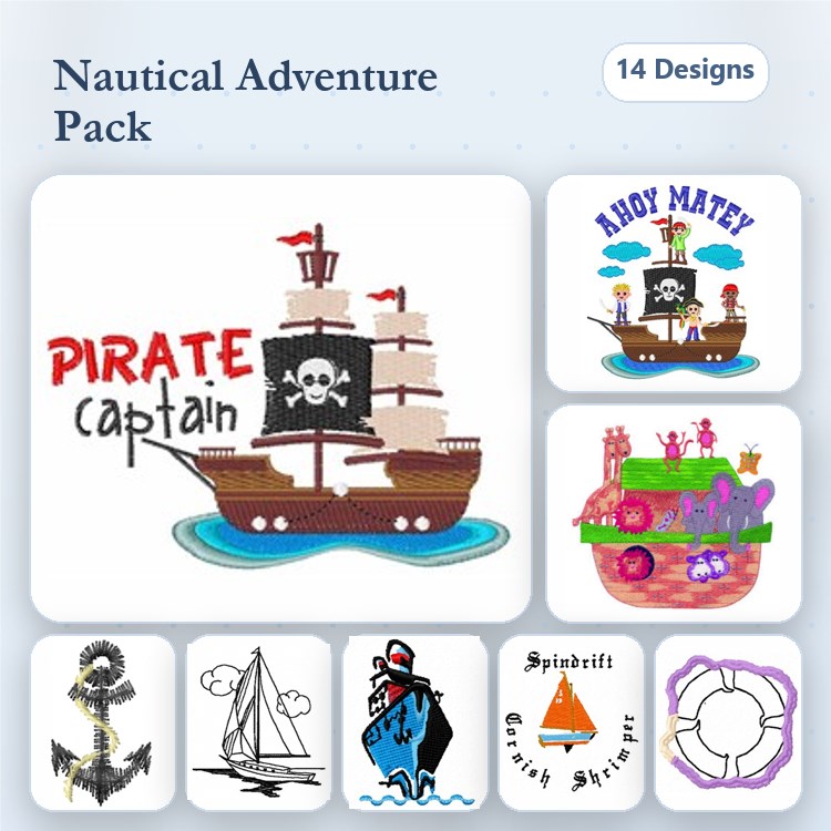 Nautical Adventure Embroidery Designs Bundle – Pirate Ship, Sailboat, Treasure Chest & More (14 Designs)