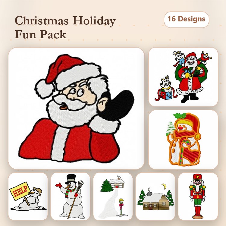 Christmas Holiday Fun Embroidery Designs Bundle – Santa Claus, Snowman, Christmas Tree & More (16 Designs)