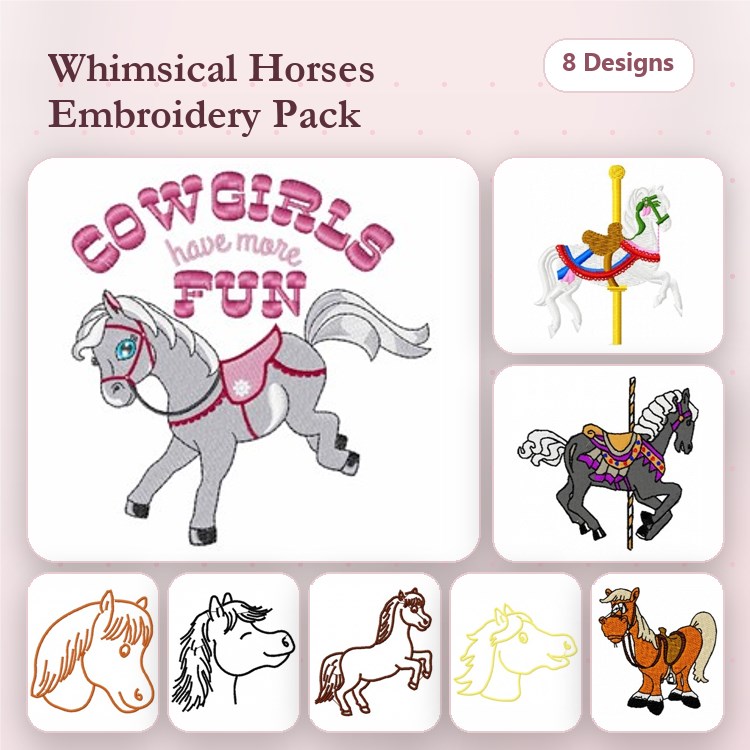 Whimsical Horses Embroidery Designs Bundle – Cowgirl Horse, Carousel Horse, Horse Head Portrait & More (8 Designs)