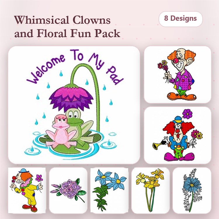 Clown & Floral Embroidery Designs Bundle – Clown with Flowers, Clown Playing Trumpet, Frog with Flower & More (8 Designs)