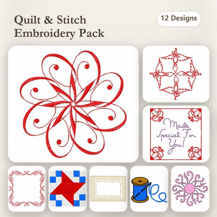 Redwork Quilt and Stitch Embroidery Designs Bundle – Floral Motif, Geometric Star Design, Decorative Frame & More (12 Designs)