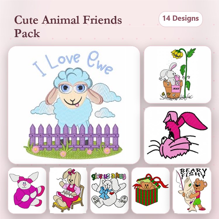 Cute Animal Friends Embroidery Designs Bundle – I Love Ewe, Flower Bunny, Bunny with Pink Ears & More (14 Designs)