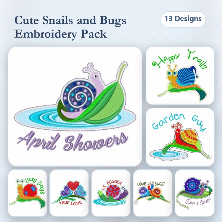 Snails & Bugs Embroidery Designs Bundle – Happy Trails, Garden Guy, I Lazy Bug & More (13 Designs)