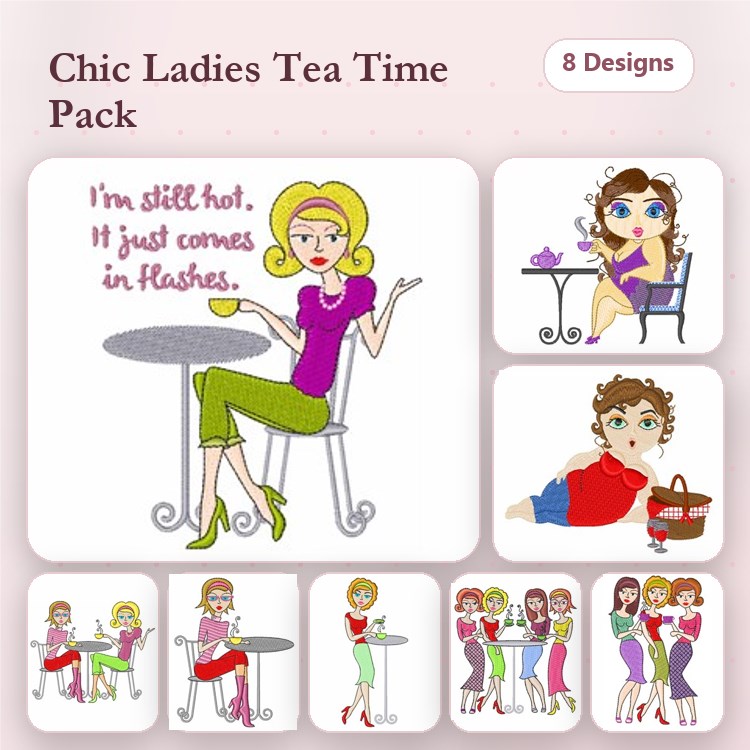 Chic Ladies at Tea Time Embroidery Designs Bundle – Chic Lady with Coffee, Chic Lady in Red Dress, & More (8 Designs)