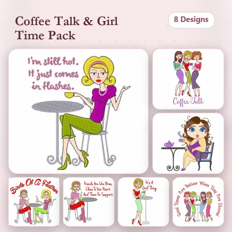 Coffee Girls Embroidery Bundle – Coffee Girl with Cup, Girl Group Chat, Blonde with Coffee & More (8 Designs)