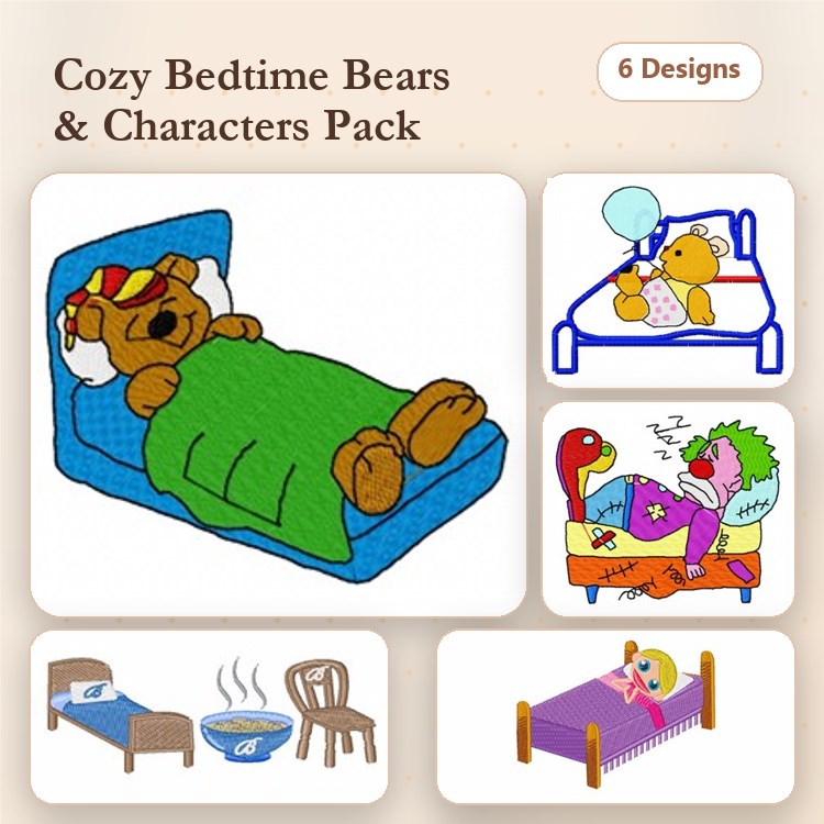 Bedtime Bears Embroidery Designs Bundle – Sleeping Bear, Bear with Balloon, Clown on Bed & More (6 Designs)