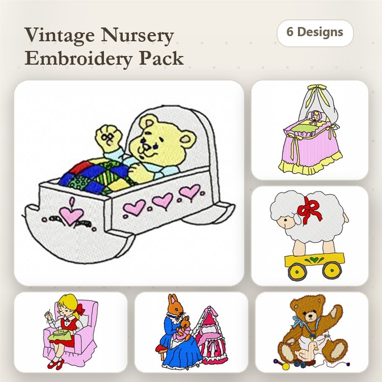 Nursery Vintage Embroidery Designs Bundle – Teddy Bear in Cradle, Sheep with Ribbon, Girl in Dress & More (6 Designs)