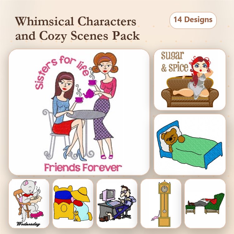 Cozy Characters Embroidery Designs Bundle – Sisters for Life, Friends Forever, Cute Cat with Ball & More (14 Designs)
