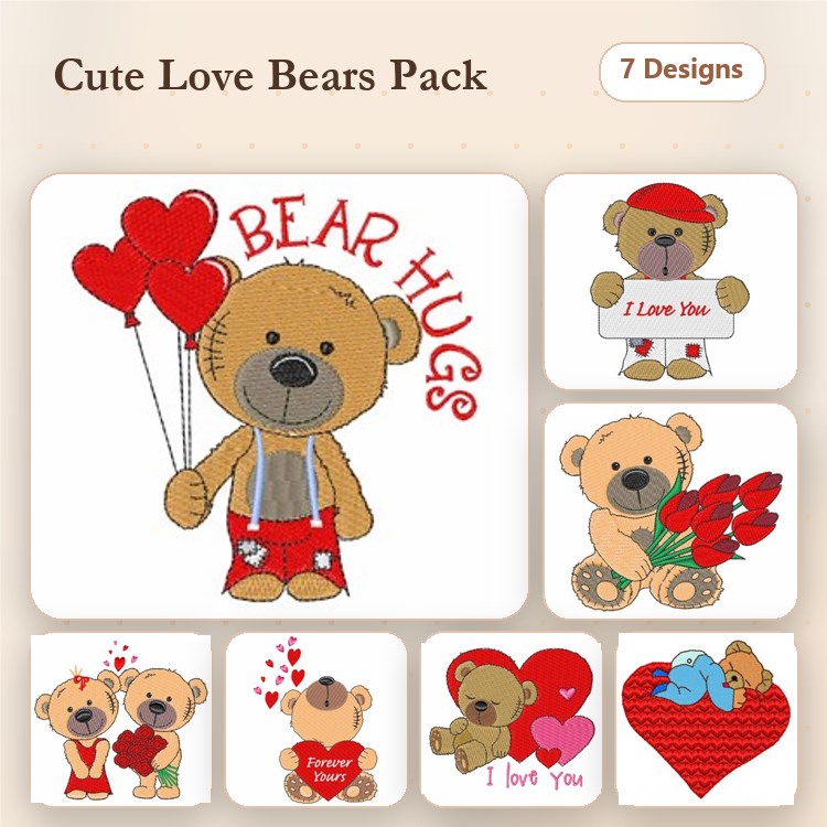Cute Bear Embroidery Designs Bundle – Bear Hugs, Bear with Balloons, I Love You Bear & More (7 Designs)