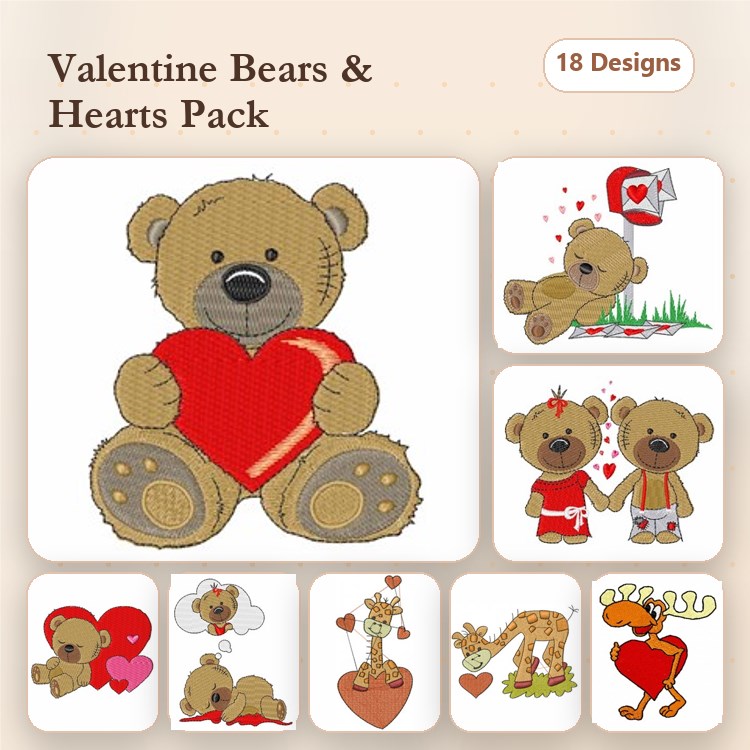 Valentine Bears and Hearts Embroidery Bundle – Teddy Bear Holding Heart, Bear Couple Holding Hands & More (18 Designs)