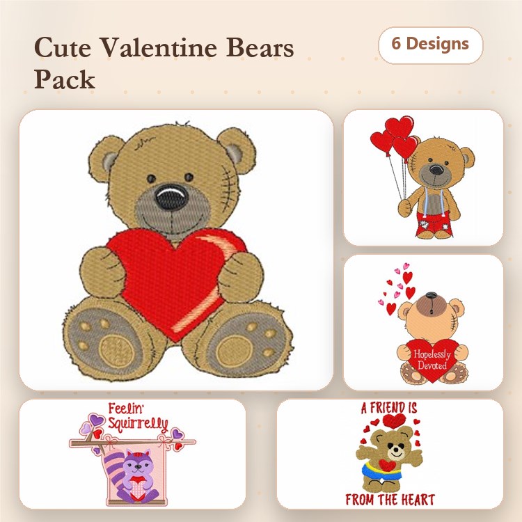 Teddy Bear & Squirrel Embroidery Designs Bundle – Teddy Bear with Heart, Squirrel with Heart & More (6 Designs)