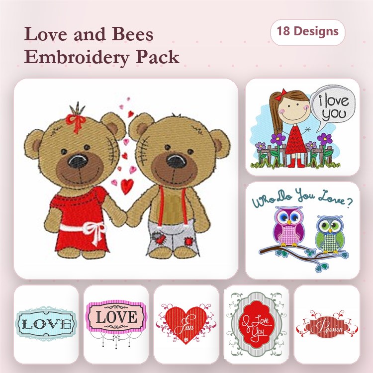 Love and Bees Embroidery Bundle – Teddy Bear Couple, I Love You Girl, Two Owls & More (18 Designs)