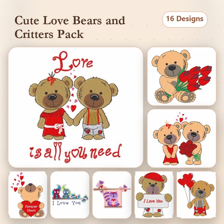 Bears & Hearts Embroidery Bundle – Love Bears, Bears with Flowers, Bear with Balloon & More (16 Designs)