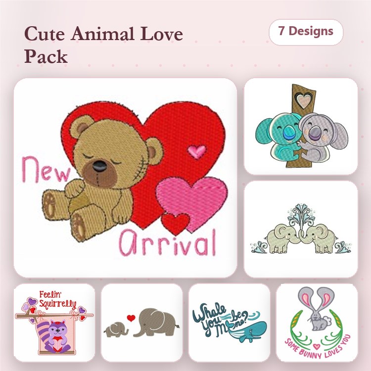 Cute Animal Love Embroidery Bundle – Sleeping Bear, Elephant, Squirrel, Rabbit & More (7 Designs)