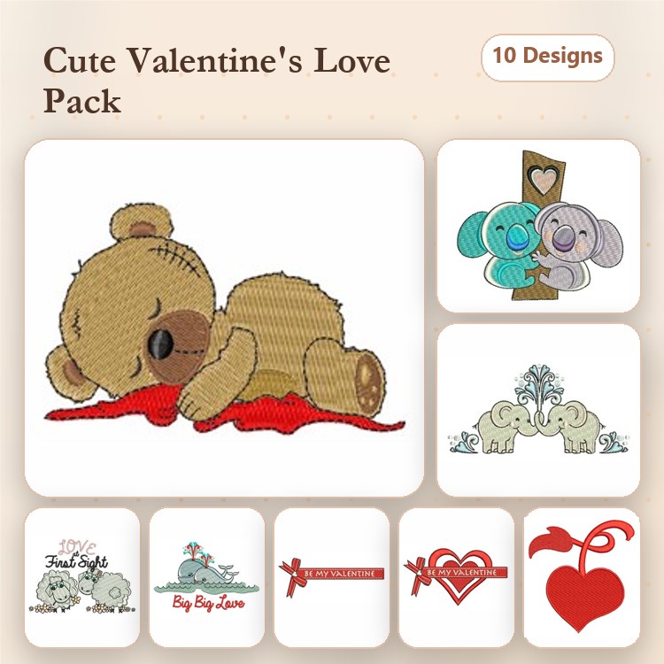 Valentine's Love Embroidery Bundle – Sleeping Bear, Elephant Couple, Heart Outline & More (10 Designs)