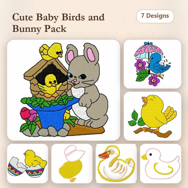 Cute Baby Birds & Bunny Embroidery Designs Bundle – Bunny with Flower Pot, Yellow Baby Bird in Nest & More (7 Designs)